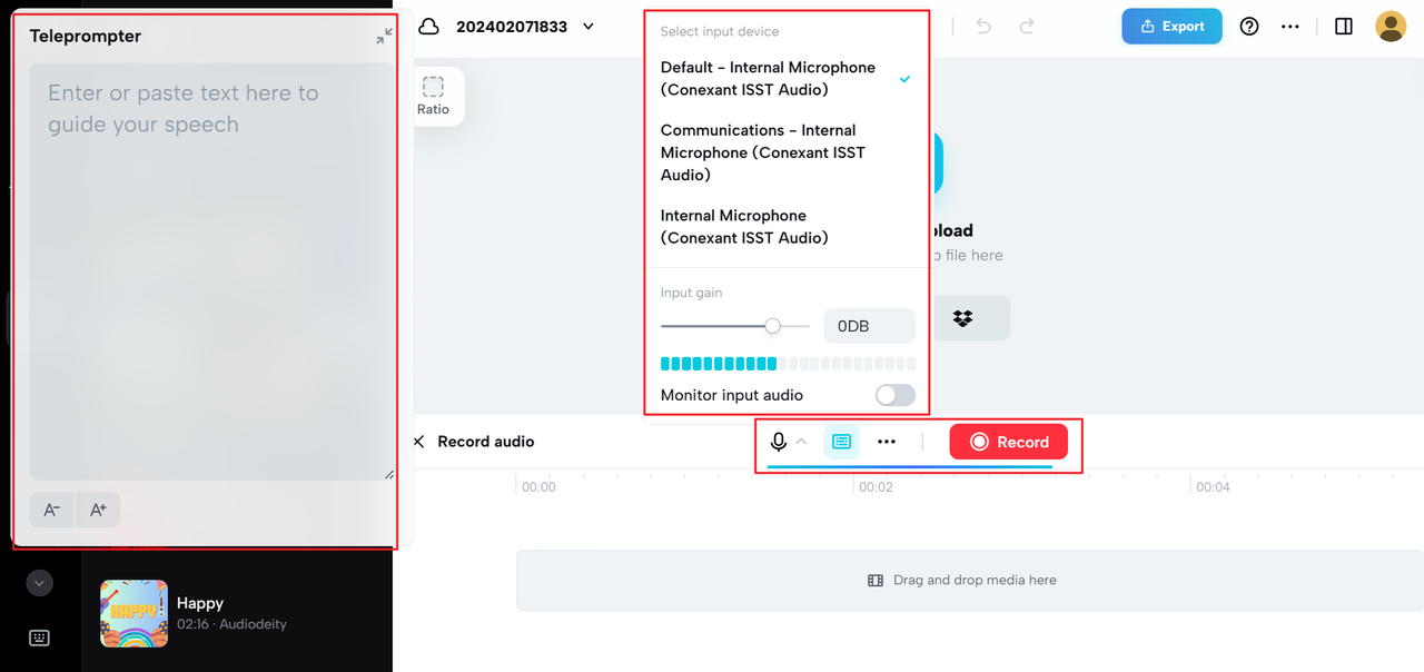 CapCut online music studio app teleprompter and input options