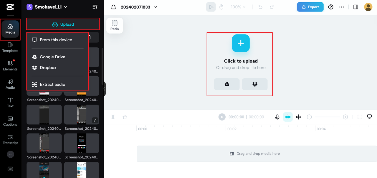 Upload an audio file into the CapCut online music studio recording app