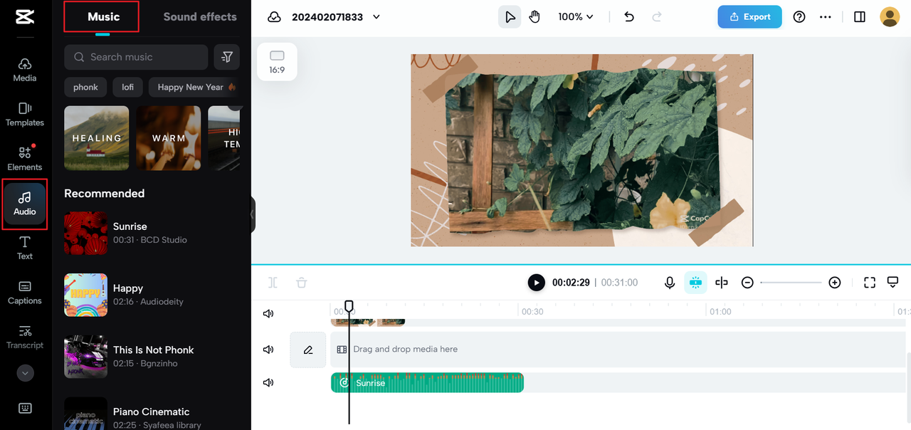 Audio resources on the CapCut online video editor and music studio app