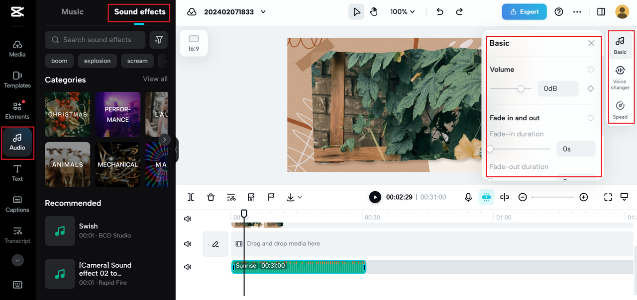 Audio editing features on the CapCut online video editor and free music studio app