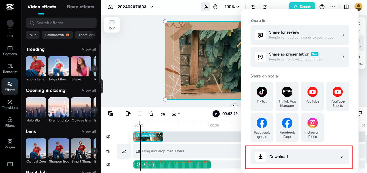 Export music from the CapCut free music recording studio app