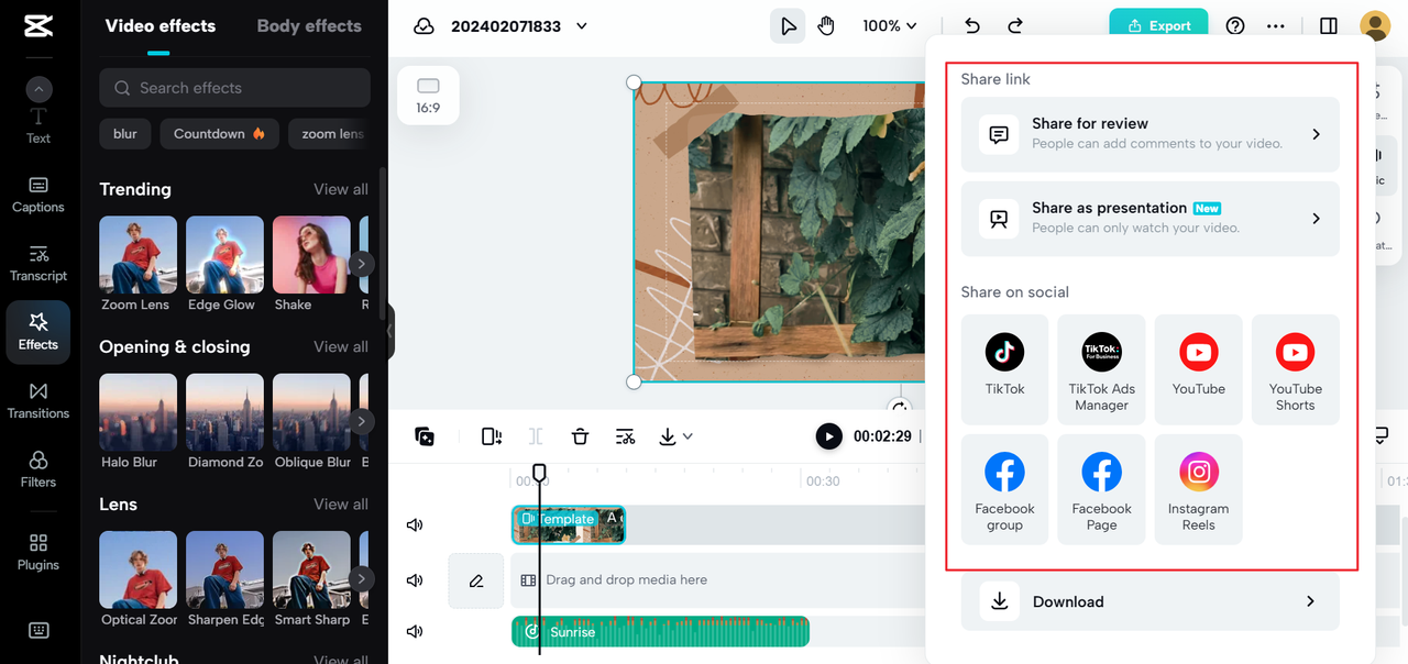 Sharing options on the CapCut online music studio app