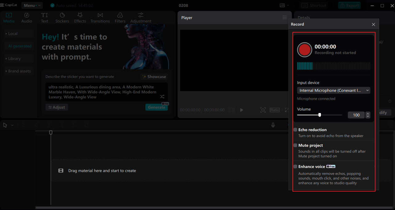 Record music into the CapCut desktop music recording studio app for PC