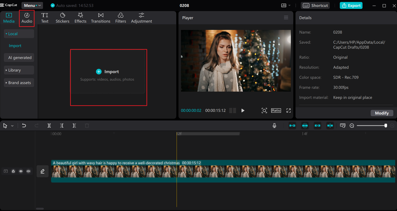 Upload media files into the CapCut desktop music studio app