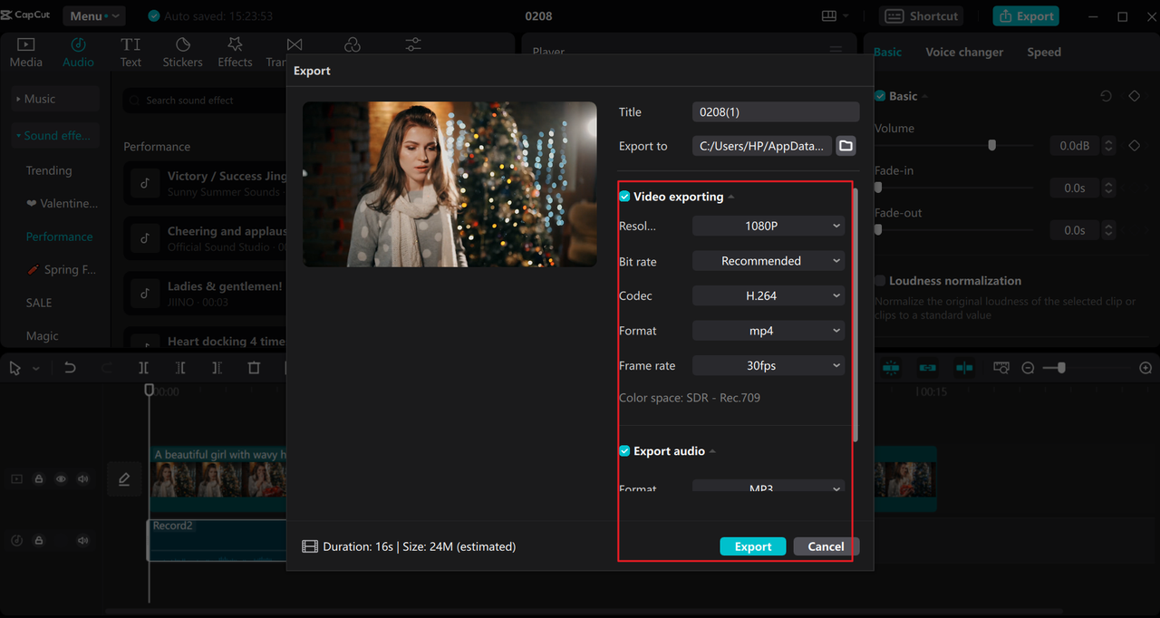 Export music from the CapCut desktop free music studio app