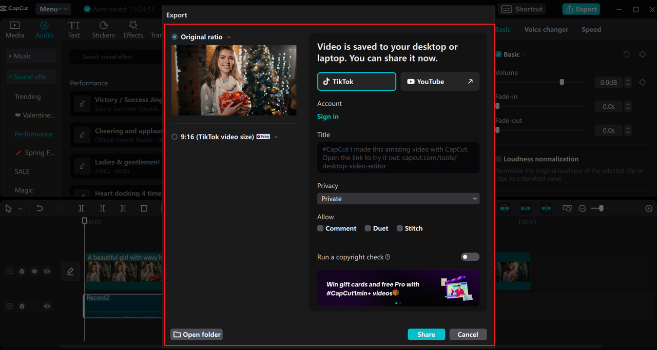 Share music from the CapCut desktop music studio app