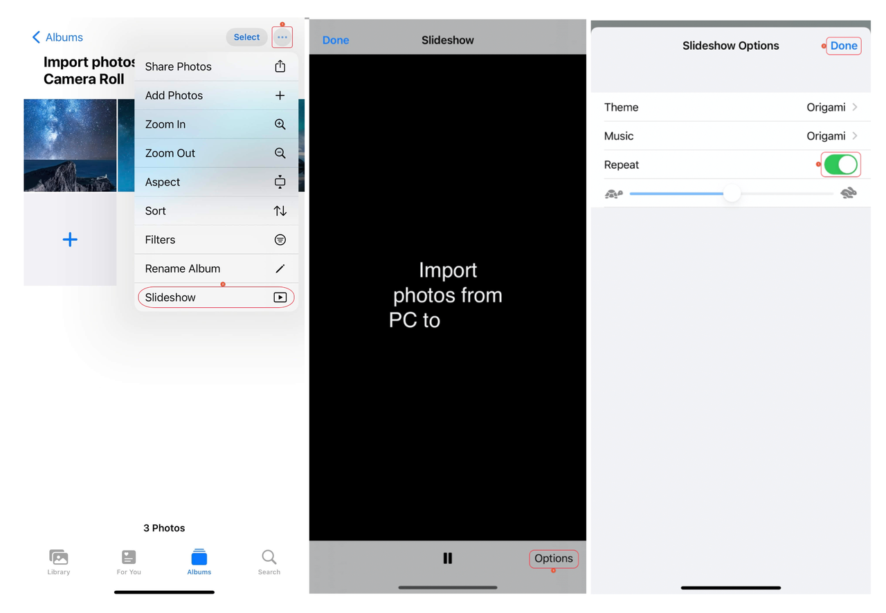 steps to loop a video on iPhone with iPhone's Slideshow options settings 
