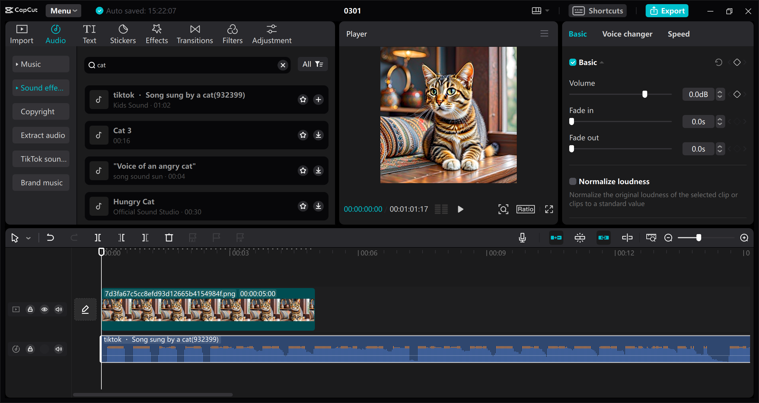 Add free cat sound MP3 in videos with CapCut