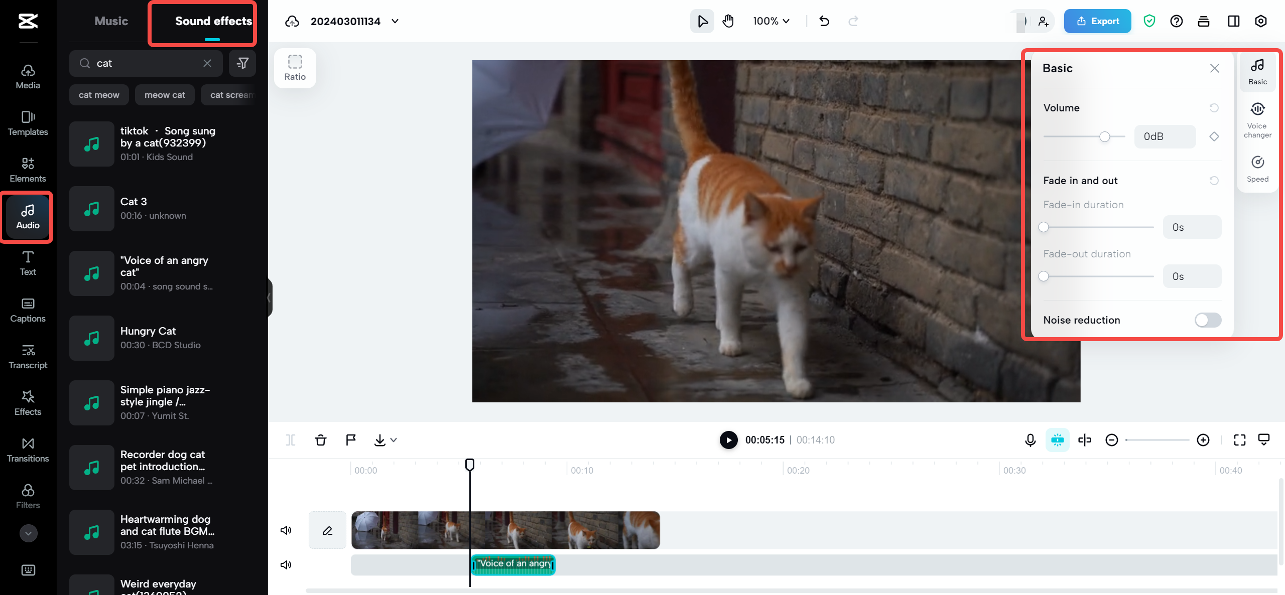 Add cat sound MP3 and edit the video