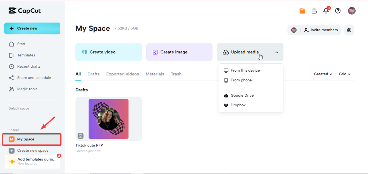 CapCut online's cloud strorage