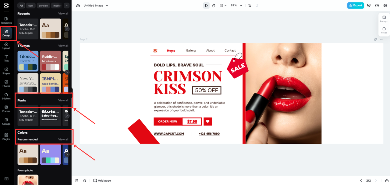 CapCut Online's interface showing how to access the Color scheme and Fonts feature