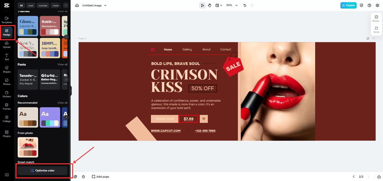CapCut Online's Interface showing how to access the Optimize color feature