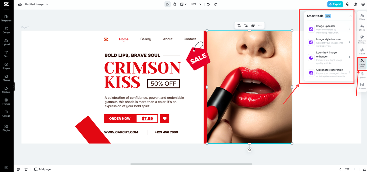 CapCut Online's Interface showing how to access Smart tools feature