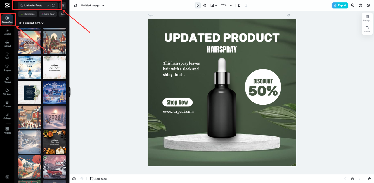CapCut Online's Interface showing how to access templates feature