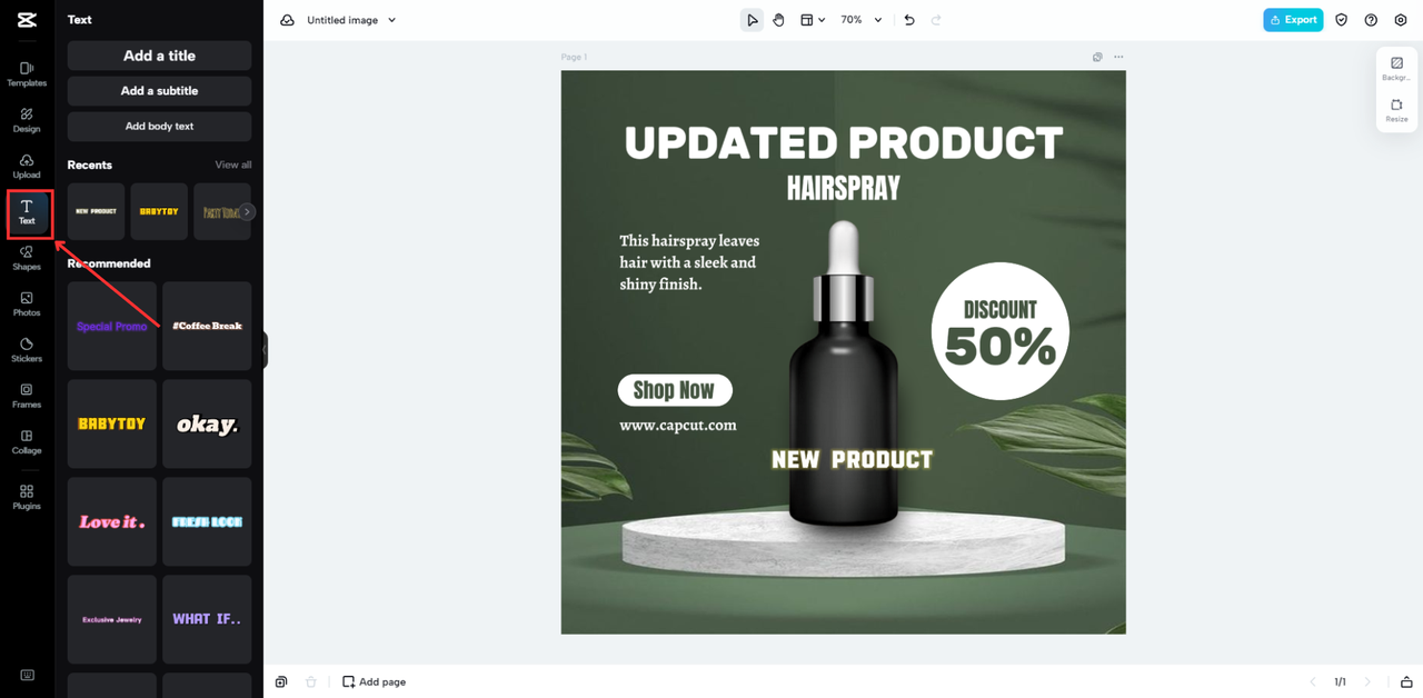CapCut Online's Interface showing how to access the text feature