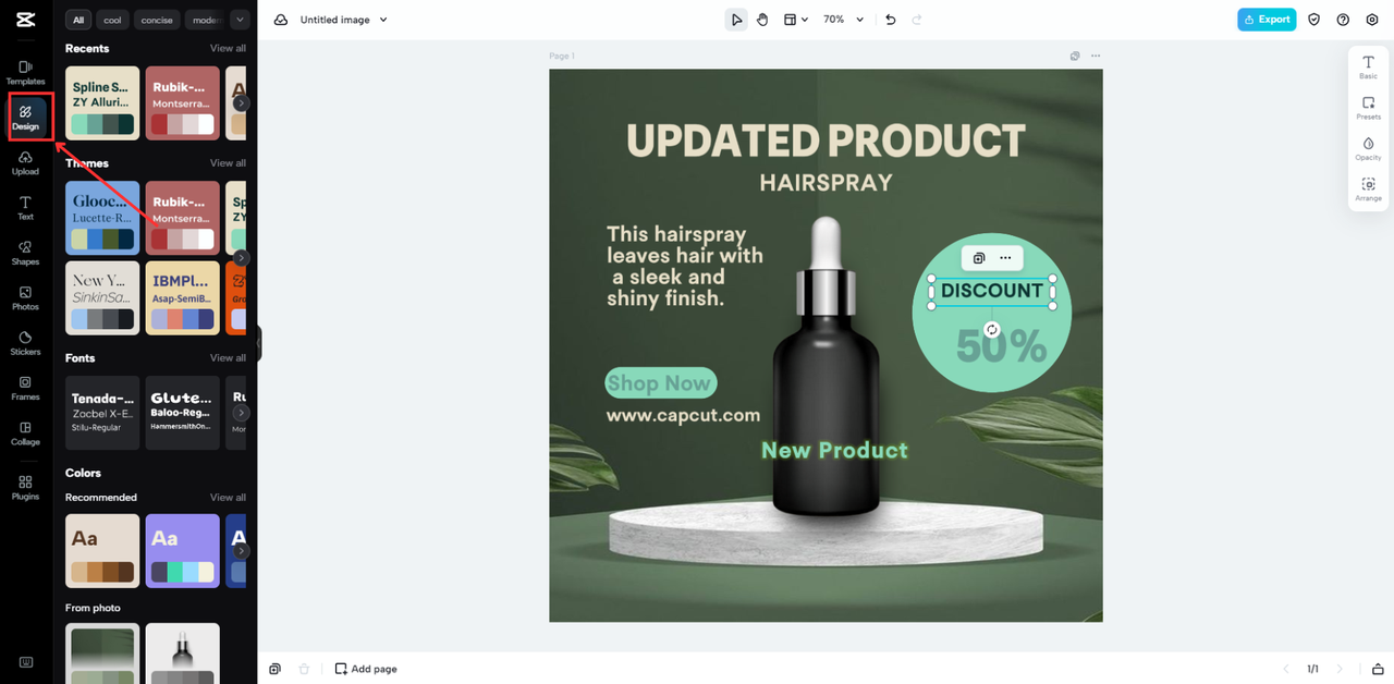 CapCut Online's Interface showing how to access the colour themes