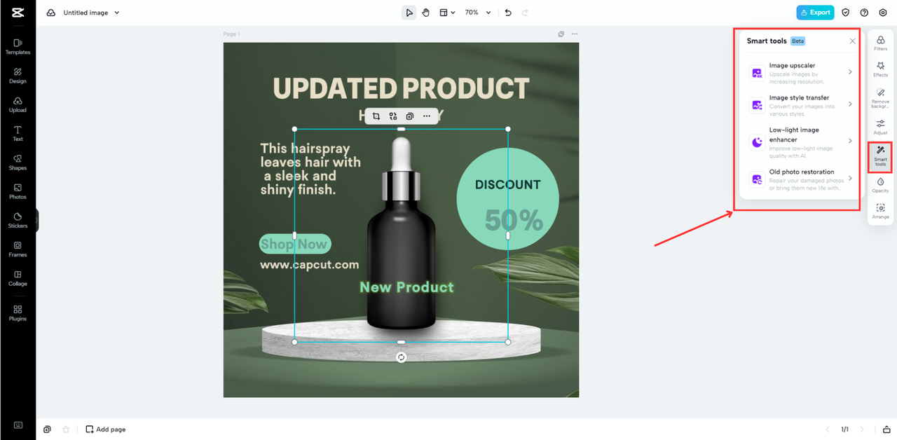 CapCut Online's Interface showing how to access the Smart Tools feature