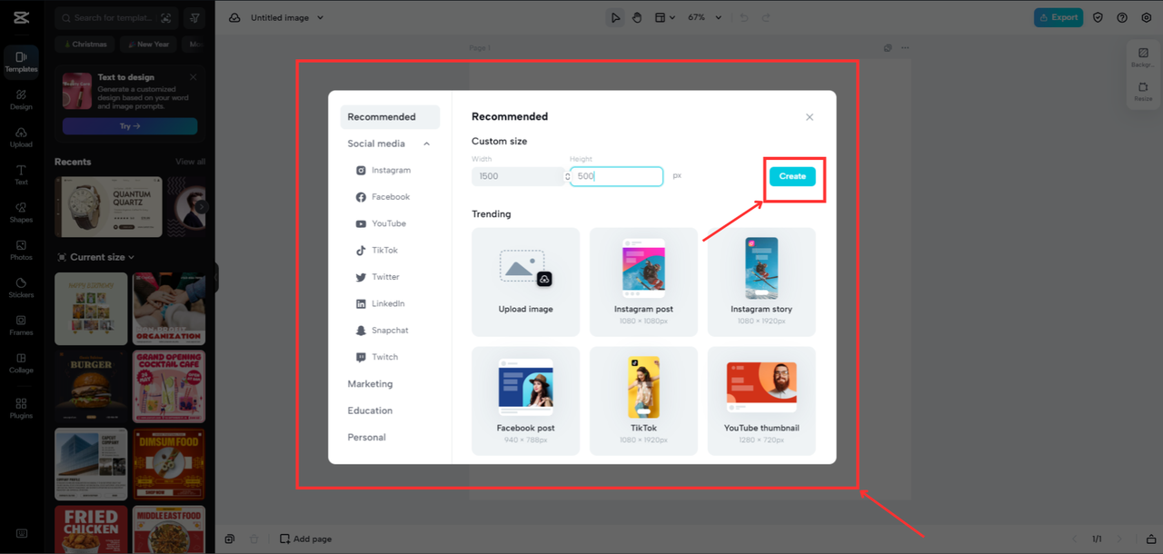 CapCut Online's Interface showing the popup for Canvas dimentions 