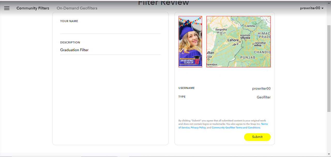 Submitting Snapchat geofilter
