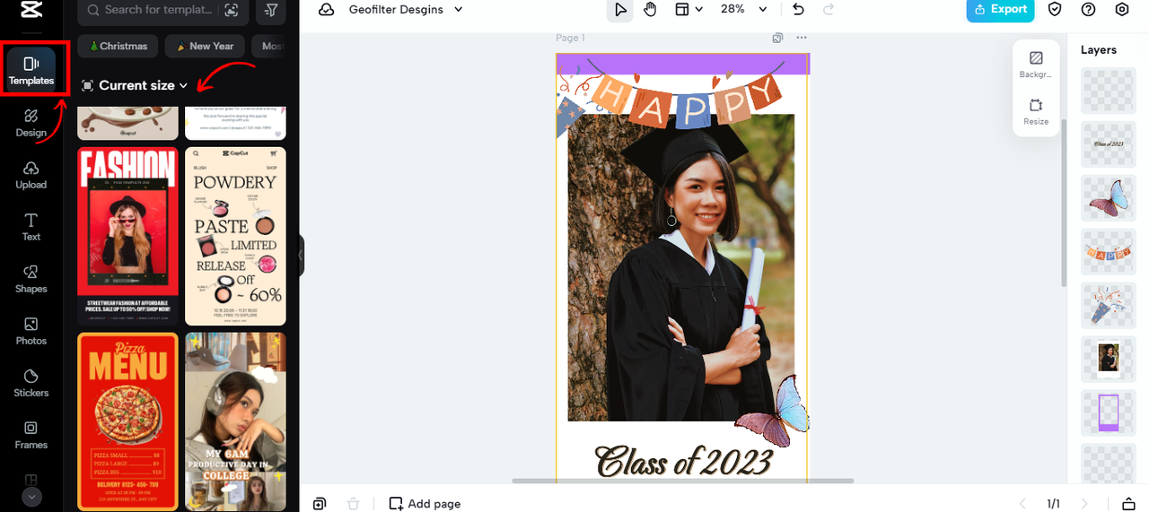 CapCut Online's Customizable geofilter templates