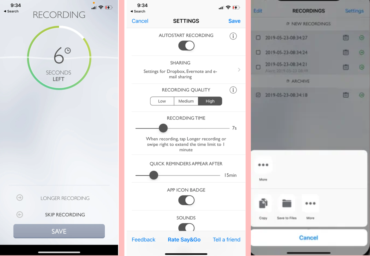 Say&Go voice recorder on iPhone interface