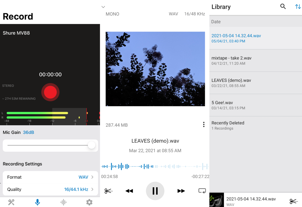 ShurePlus MOTIV voice recorder on iPhone interface
