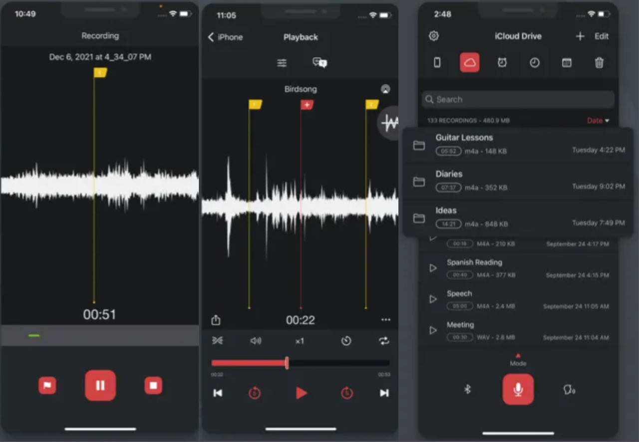 Voice Recorder & Memos Pro voice recorder on iPhone interface