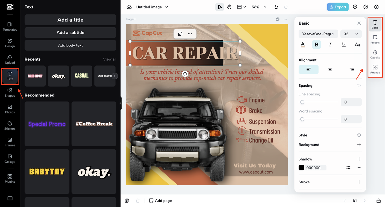 Diverse fonts and textual editing options
