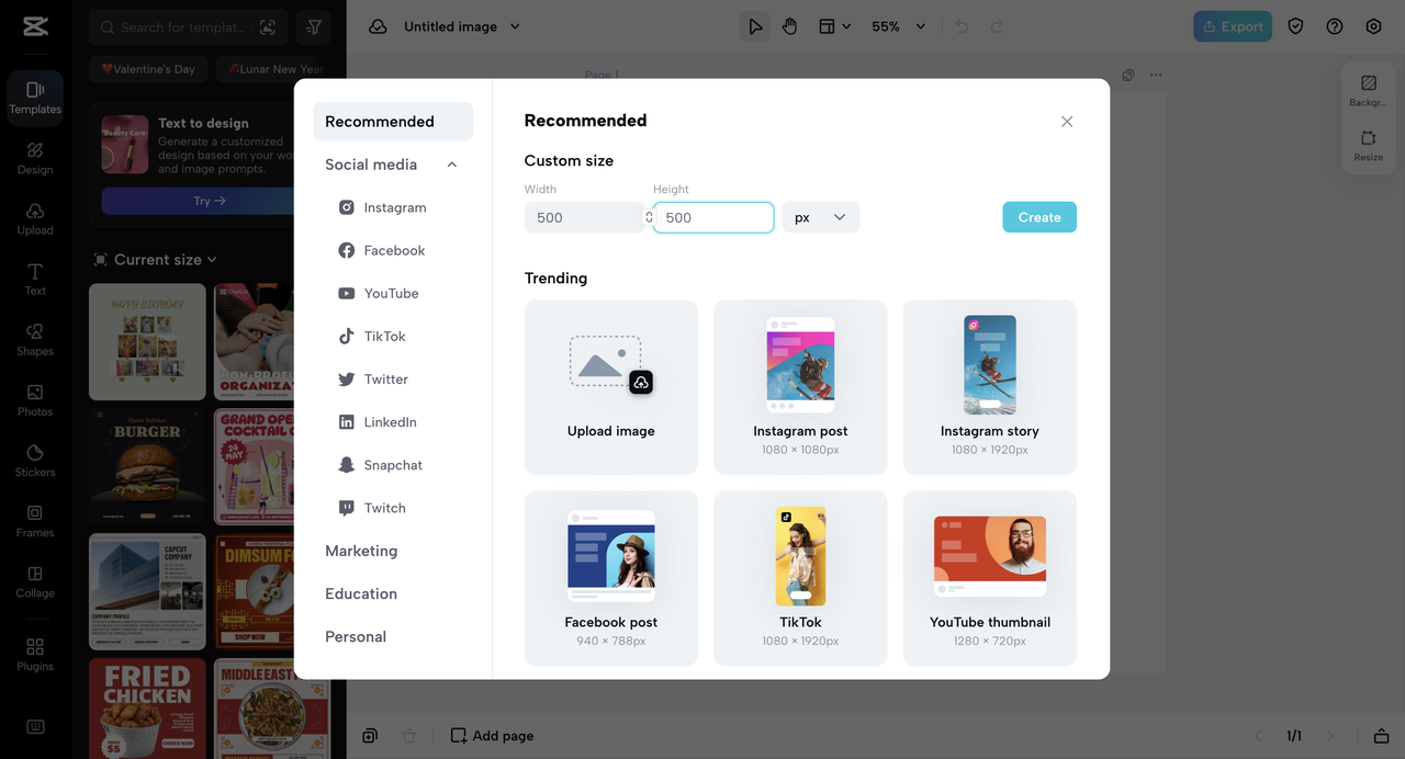 Custom size in CapCut Online