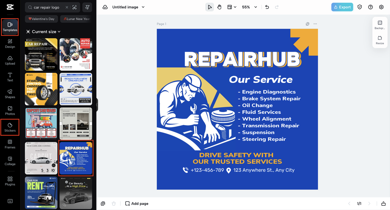 Selecting template and sticker for logo in CapCut Online