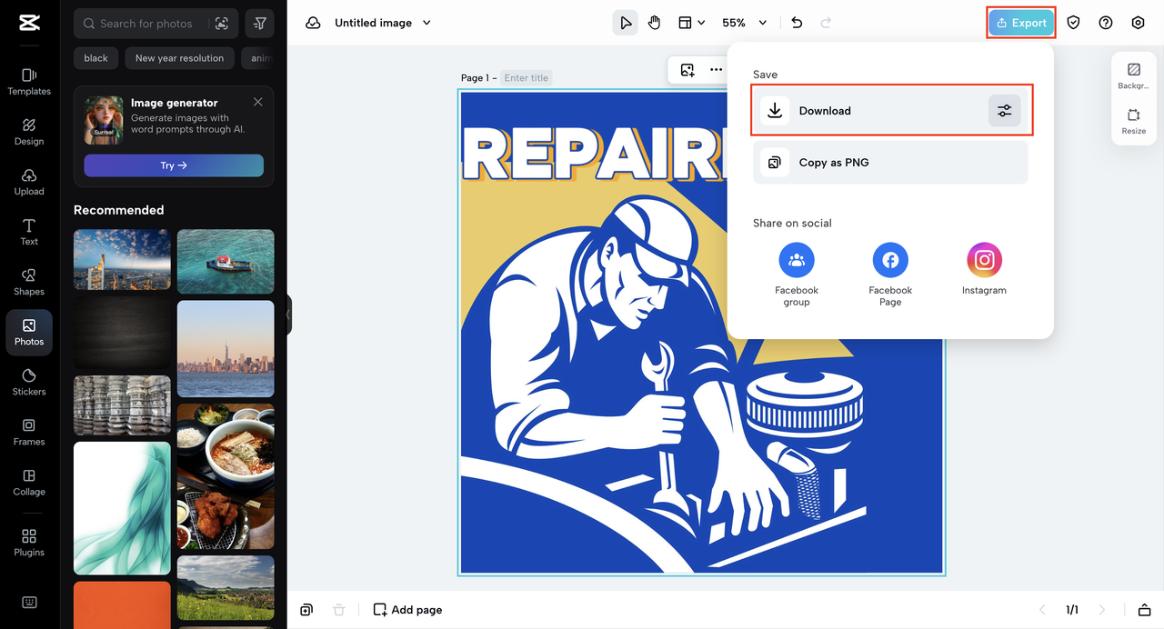 Exporting logo from CapCut Online
