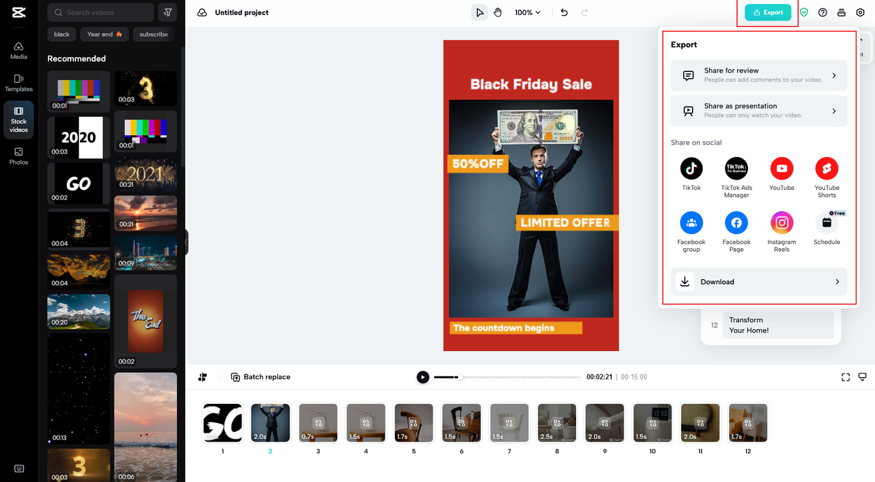 how to export an edited template on CapCut online video editor