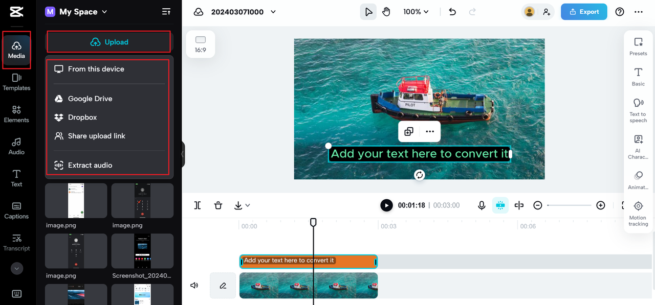 Upload video into the CapCut online video editor, one of the best AI voice generators