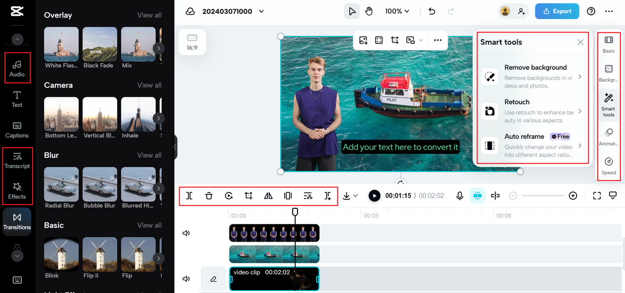 Edit audio and video using the CapCut online video editor, one of the best AI voice generators