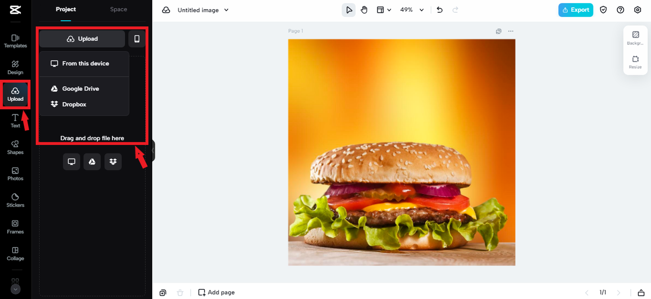 Uploading an image in CapCut Online for fast food logo