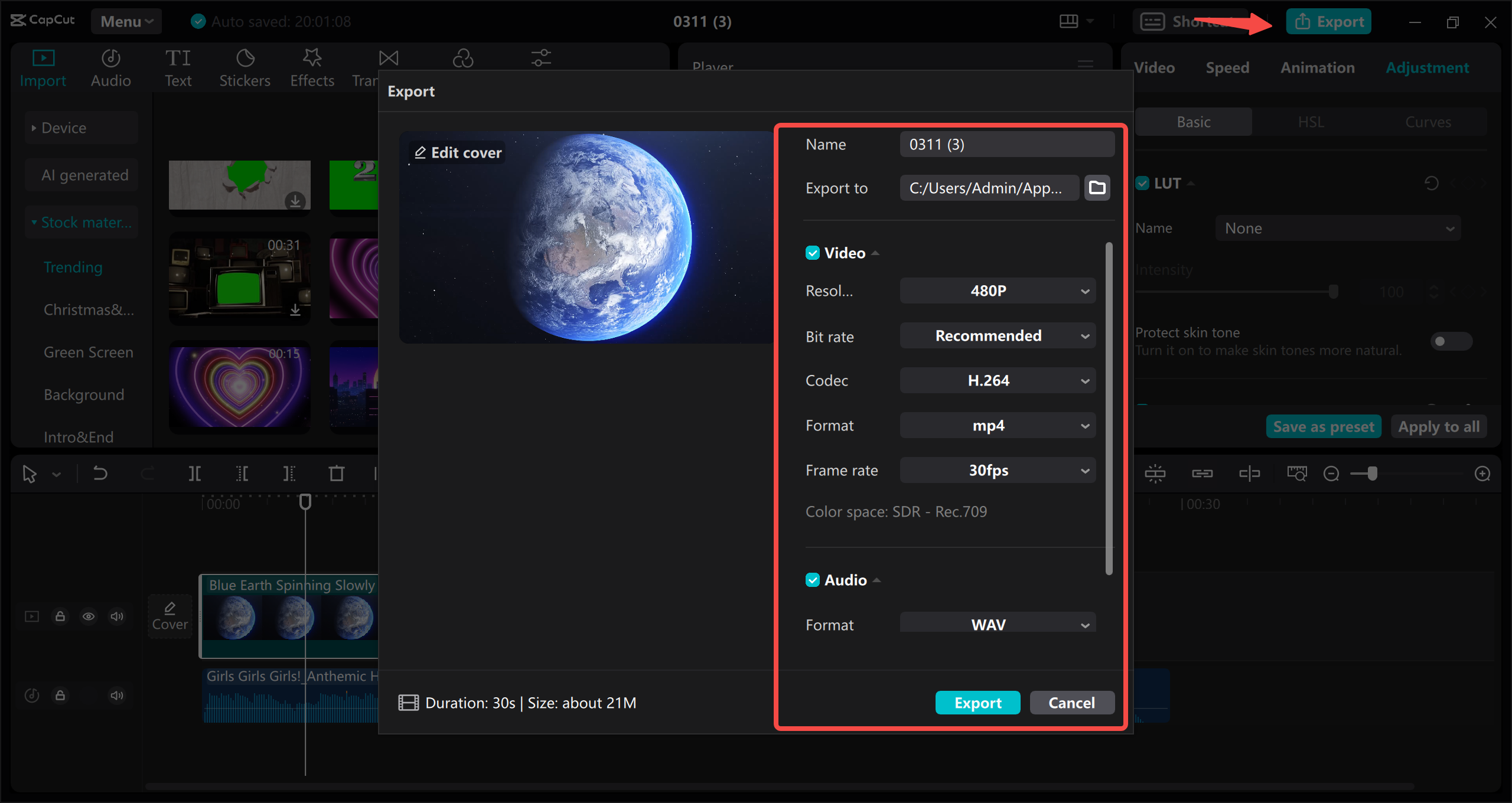 Export the trimmed video