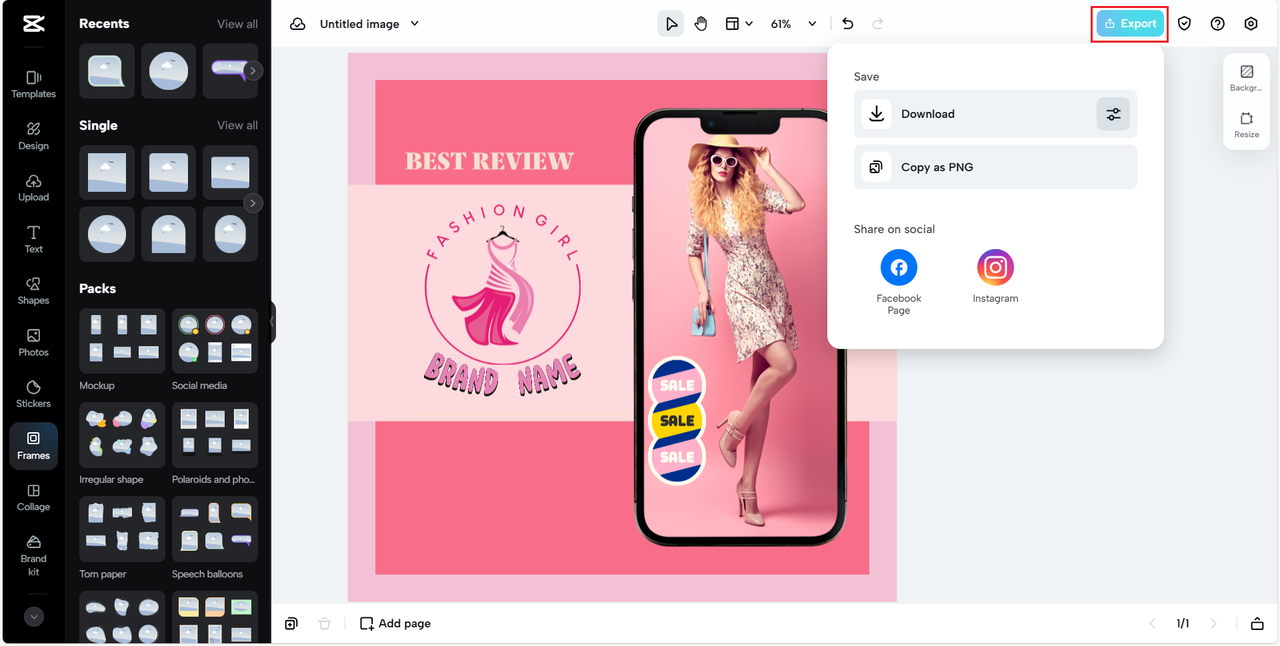 Export clothing logo design in CapCut Online logo maker