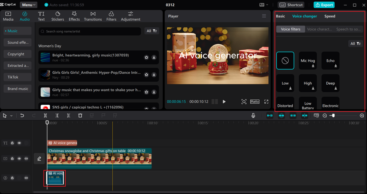 Funciones de edición de audio en la herramienta de generador de voz de celebridades con inteligencia artificial de escritorio de CapCut.