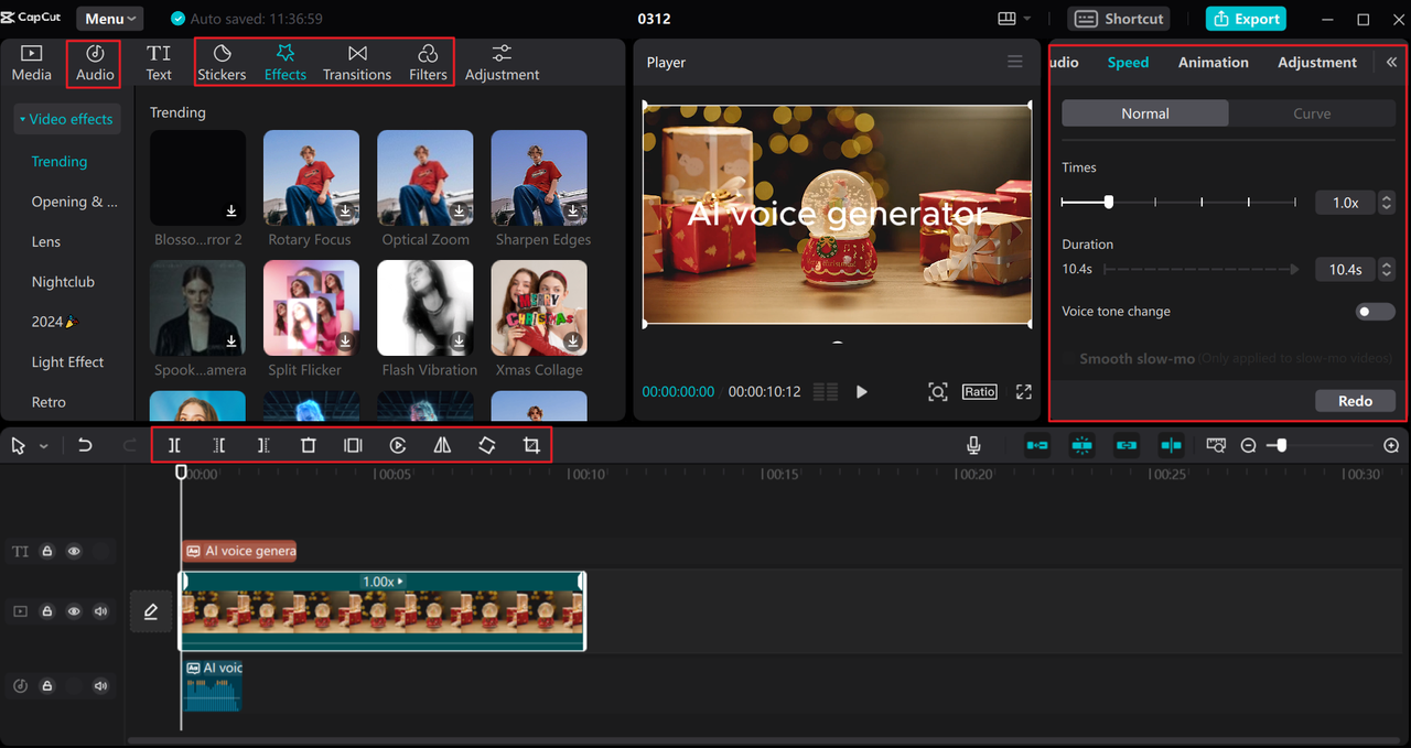 Herramientas de edición de video en la herramienta de generación de voz de IA de celebridades de CapCut para escritorio