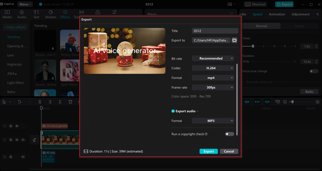 Exportar video desde la herramienta de generación de voz de IA de celebridades de CapCut para escritorio