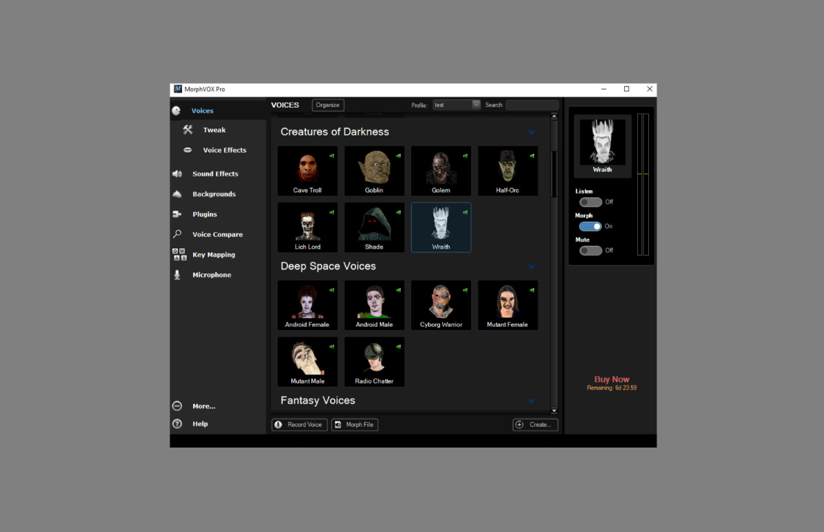 Interfaz de herramienta de voz con celebridades de MorphVox AI
