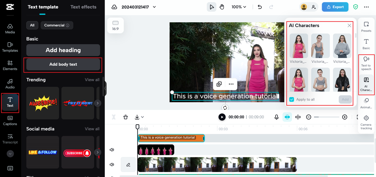 Edición de audio y video en la herramienta de creación de voces de celebridades AI en línea de CapCut.