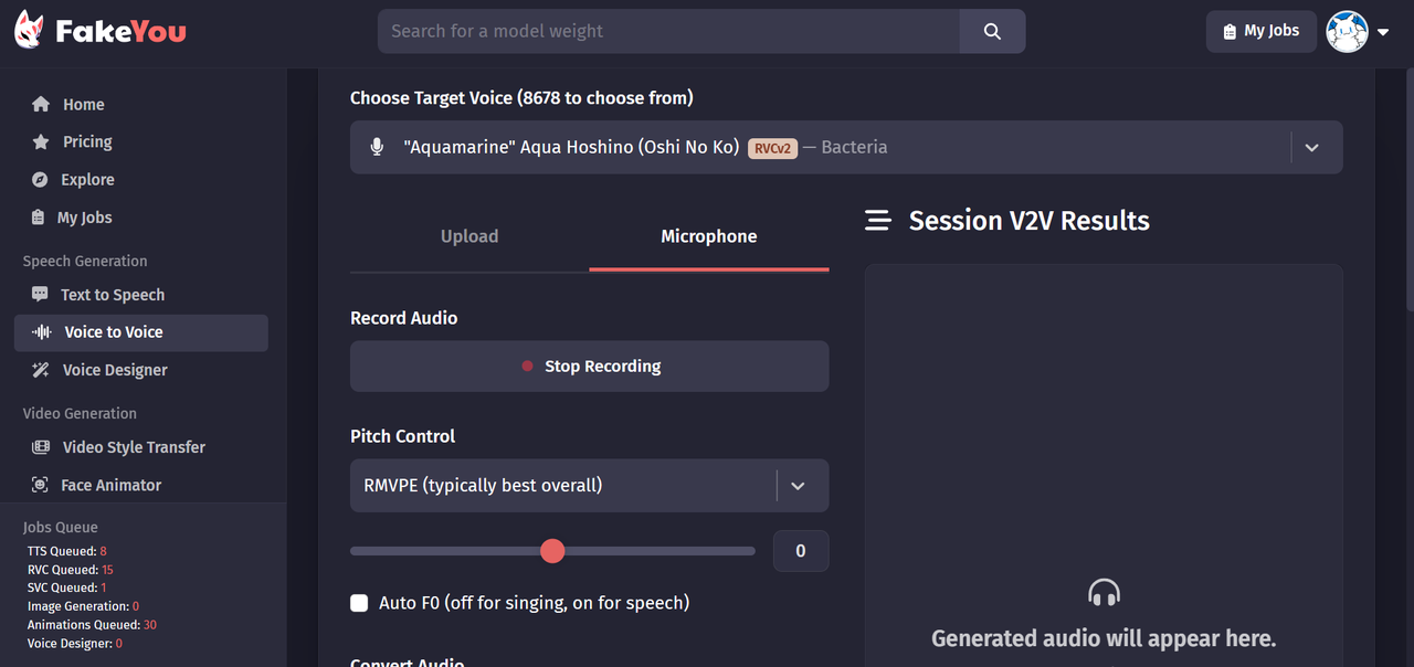 Interfaz de la herramienta de generador de voces de celebridades de FakeYou AI