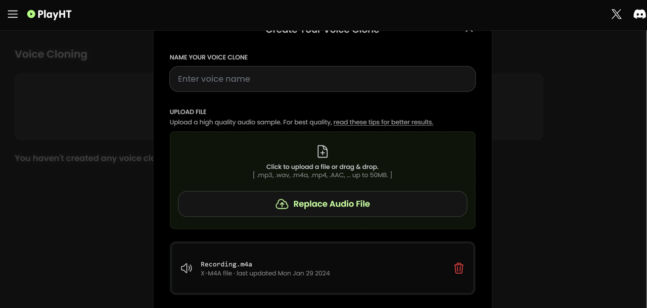 Interfaz de la herramienta de generación de voces de celebridades de PlayHT AI