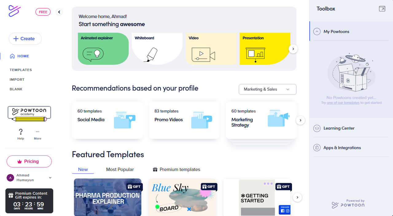 Interface of Powtoon