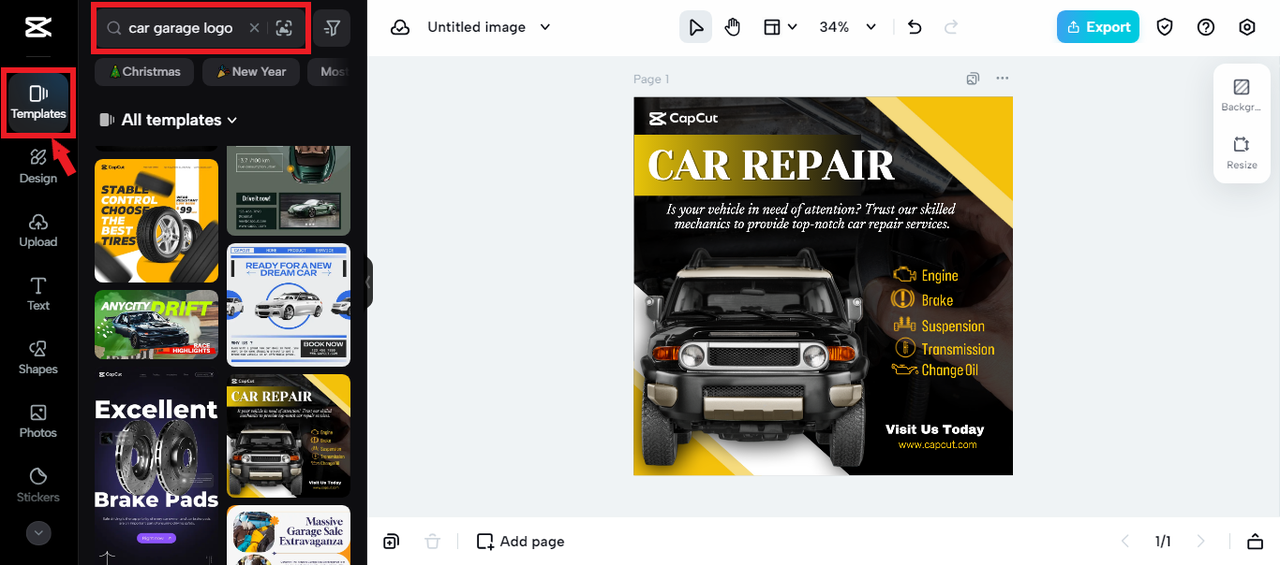 Selecting garage logo template in CapCut Online