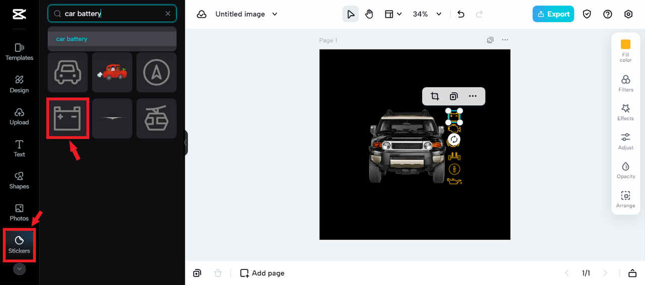 Adding stickers to garage logo in CapCut Online