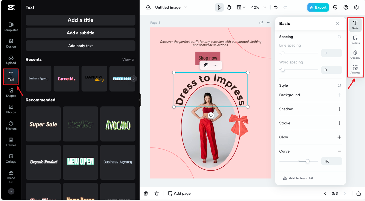 Abundant logo fonts and textual editing options