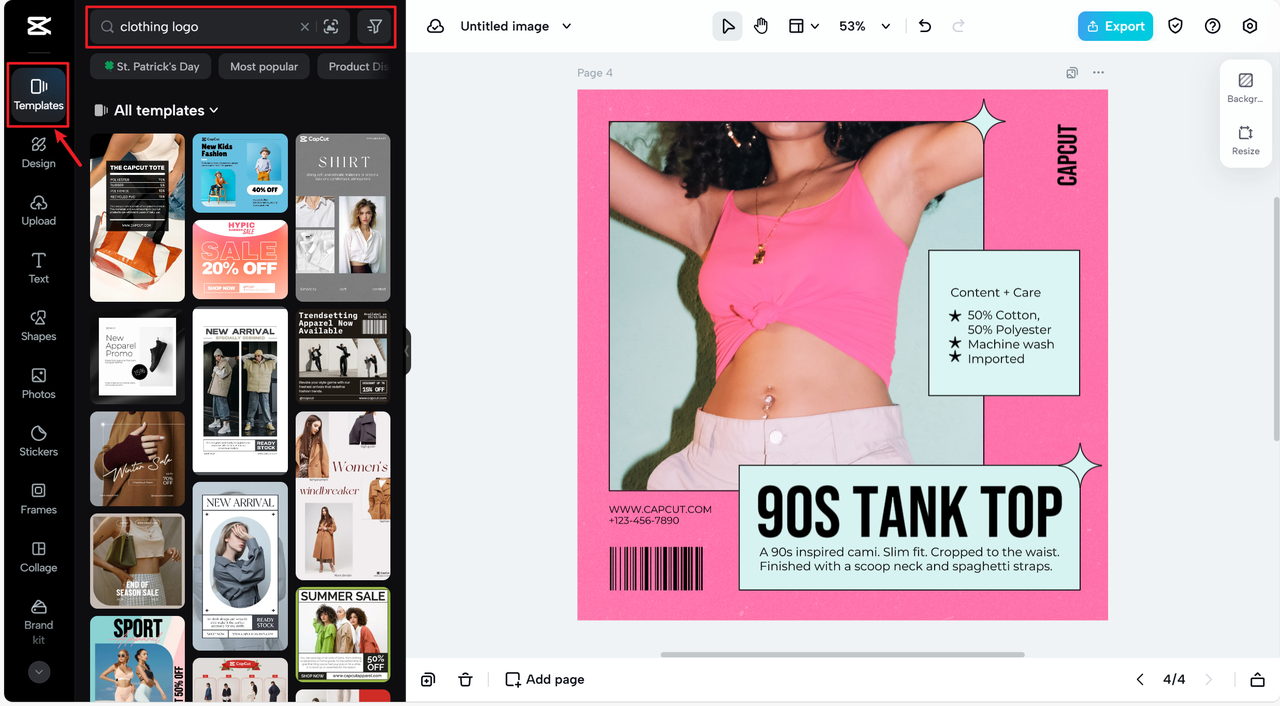 Choose clothing logo from templates in CapCut Online