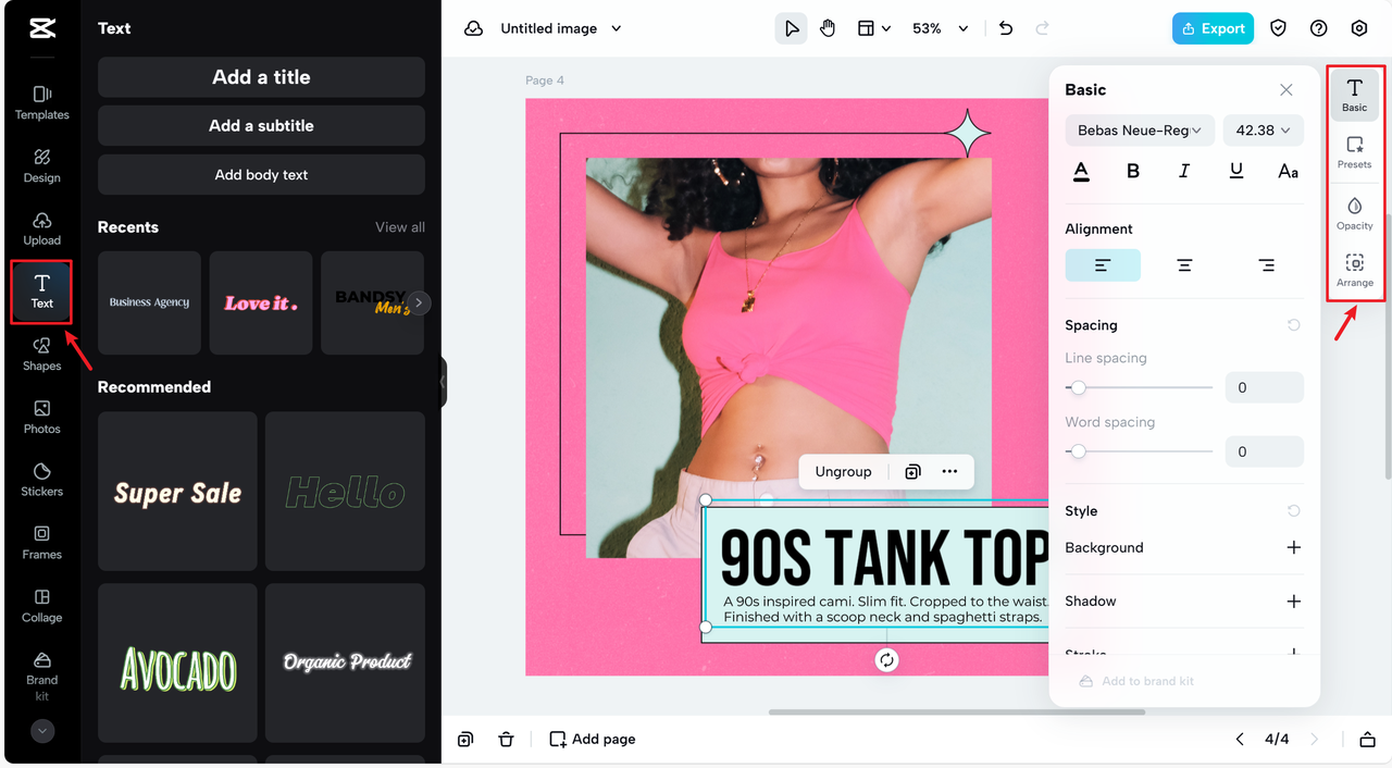 Edit textual elements in apparel logo in CapCut